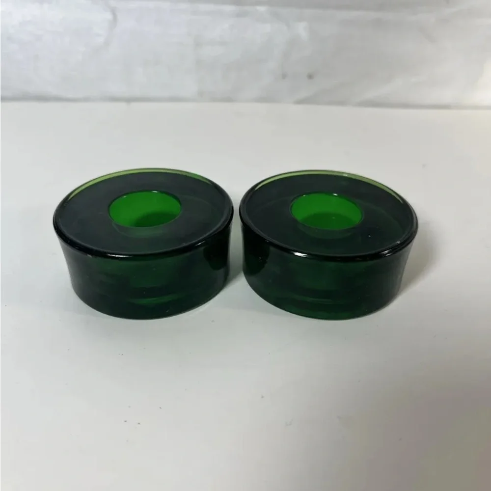 2 Crate & Barrel Round Emerald Green Glass Candle Holders